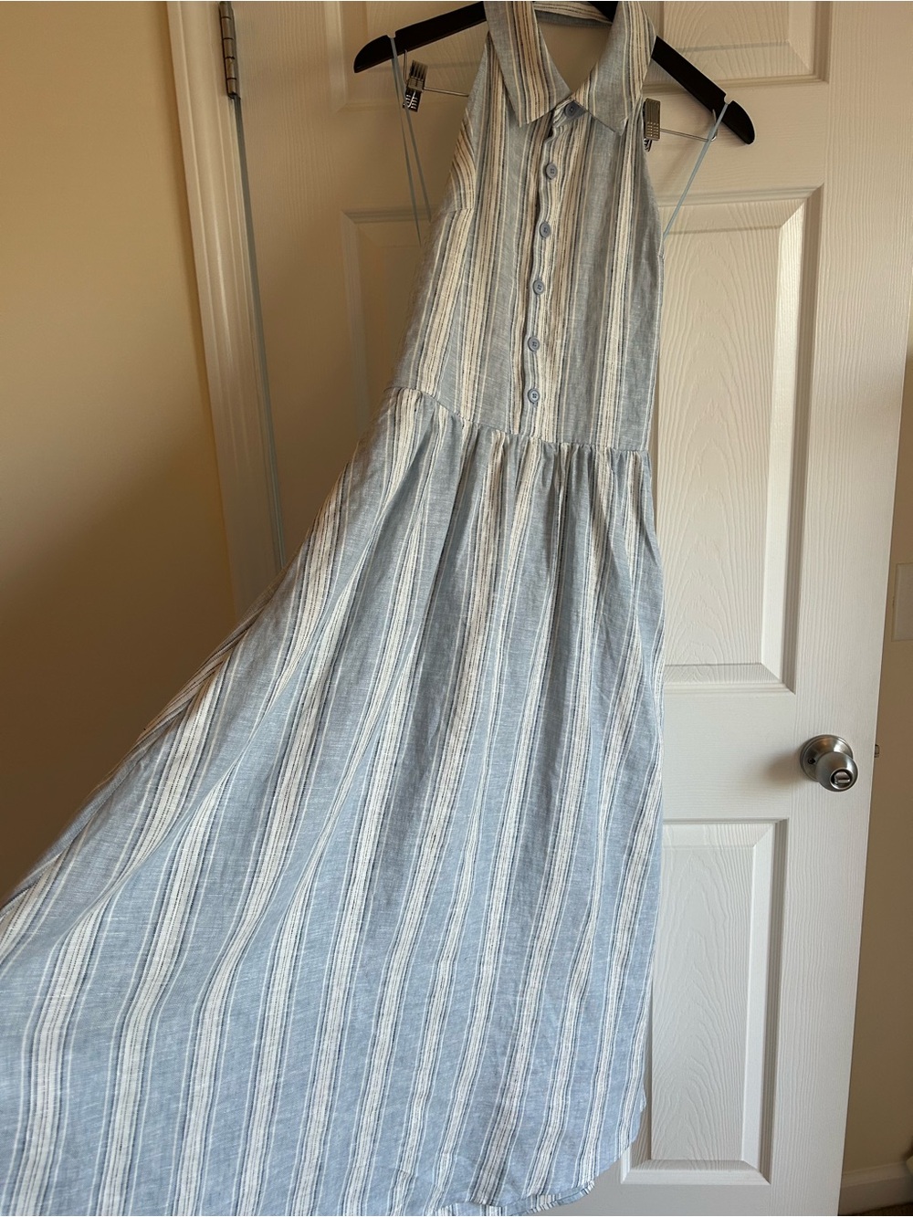 Reformation Blue & White Striped Backless Halter Maxi Dress - Picture 3 of 11